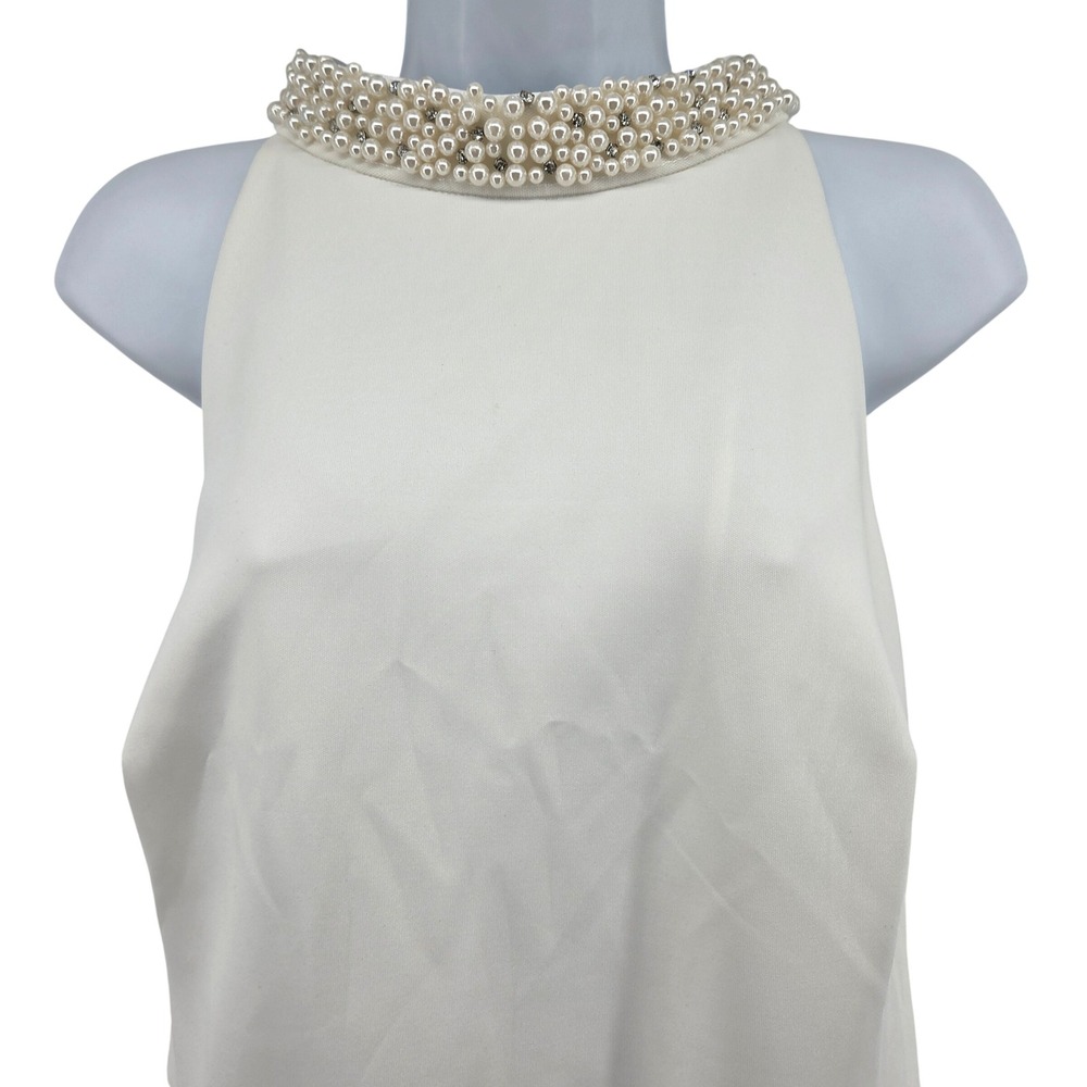 Eliza J Ivory Pearly Beaded Mock Halter Sheath Dress 16 Ruffle - Picture 8 of 10